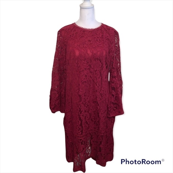Isaac Mizrahi LIVE! Burgundy Macrame Lace Sheath Dress Bell Sleeves Size 6 - Picture 1 of 7